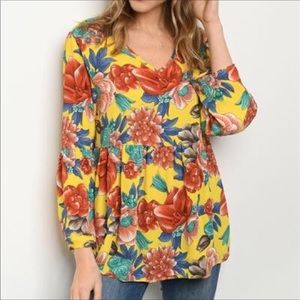 Cherish Blouse Top Marigold Floral Print Babydoll Long Sleeve Medium